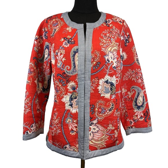 Talbots Large Red Quilted Jacket Size Large Petite Loral Paisley Cottage Boho - Picture 1 of 8